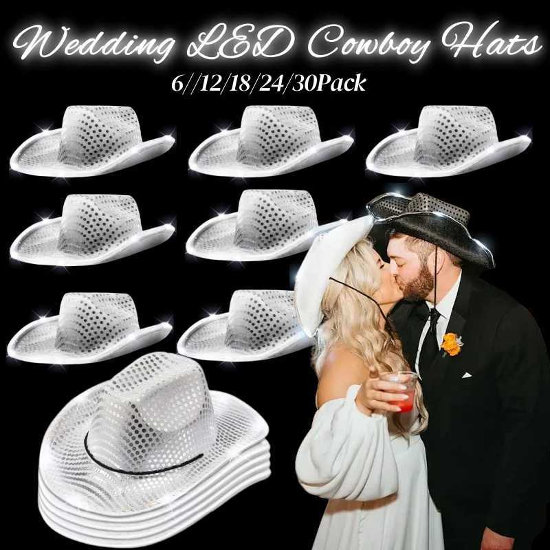 6-30Pack LED Flashing Cowboy Hats Light Up Sequin Cowgirl Hats Disco Cowboy Hats for Bachelor Party Ball Wedding Reception X250217