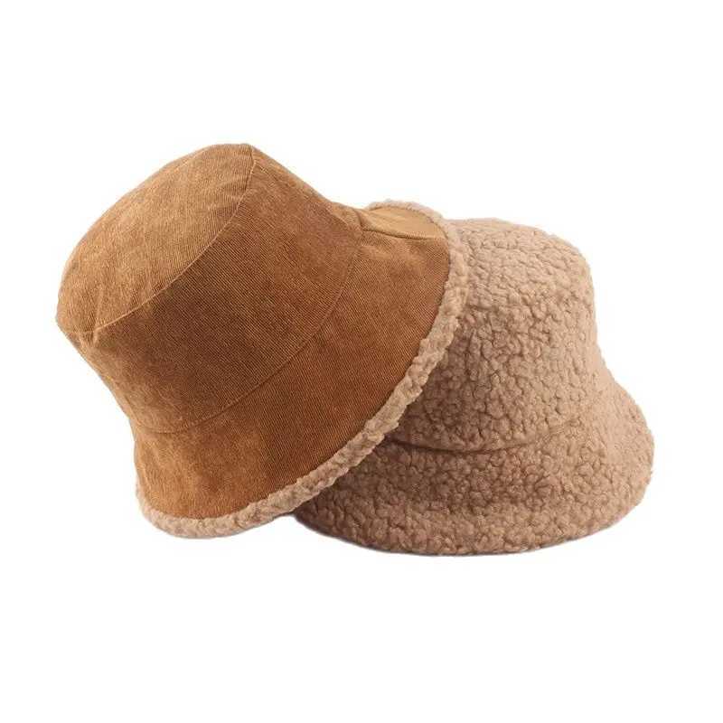 Unisex Harajuku Corduroy Bucket Hat Men Reversible Fisherman Hat Autumn Winter Lamb Wool Outdoor Warm Panama Cap For Women W250217