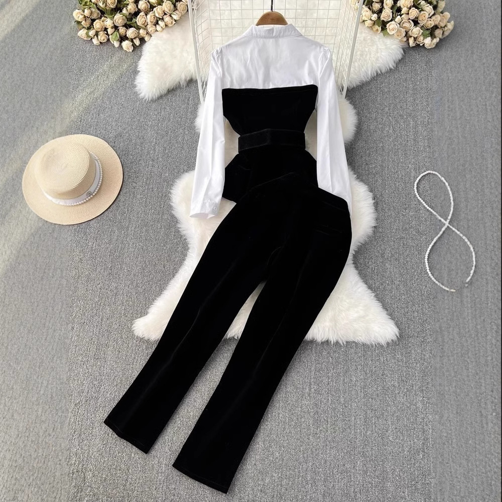 Fashion suit socialite temperament fake two-piece waist cinched long sleeved shirt two-piece high waisted gold velvet small feet 240518