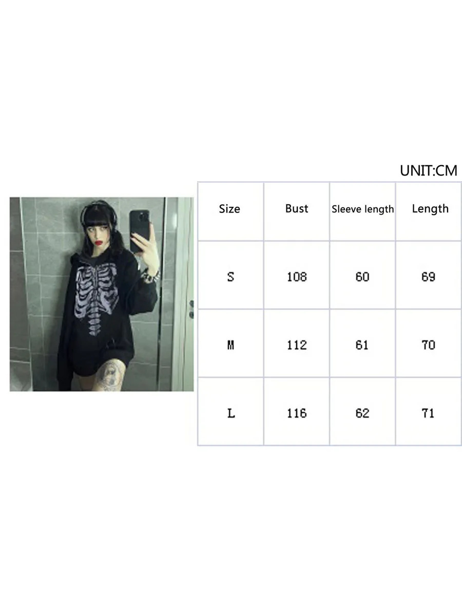 Halloween Women Spring Autumn Casual Hooded Coat Long Sleeve Skull Print Zipper Hoodie Grunge Top Gothic Sweatshirt 250213
