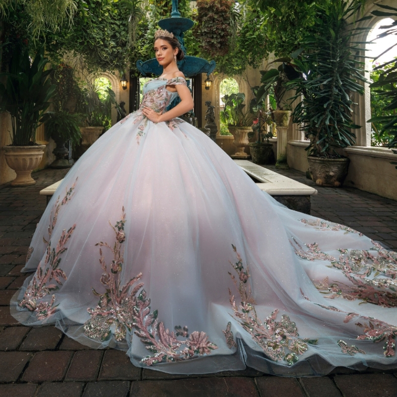 Light Green Shiny Quinceanera Dresses Ball Gown Pink Lining Off The Shoulder Sequin Applique Lace Beads Tull Party Birthday Sweet 16 Dress Vestidos 15