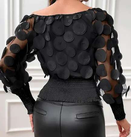 Applique Slant Shoulder Blouse, Elegant Long Sleeve Blouse For Spring & Fall Women's Clothing