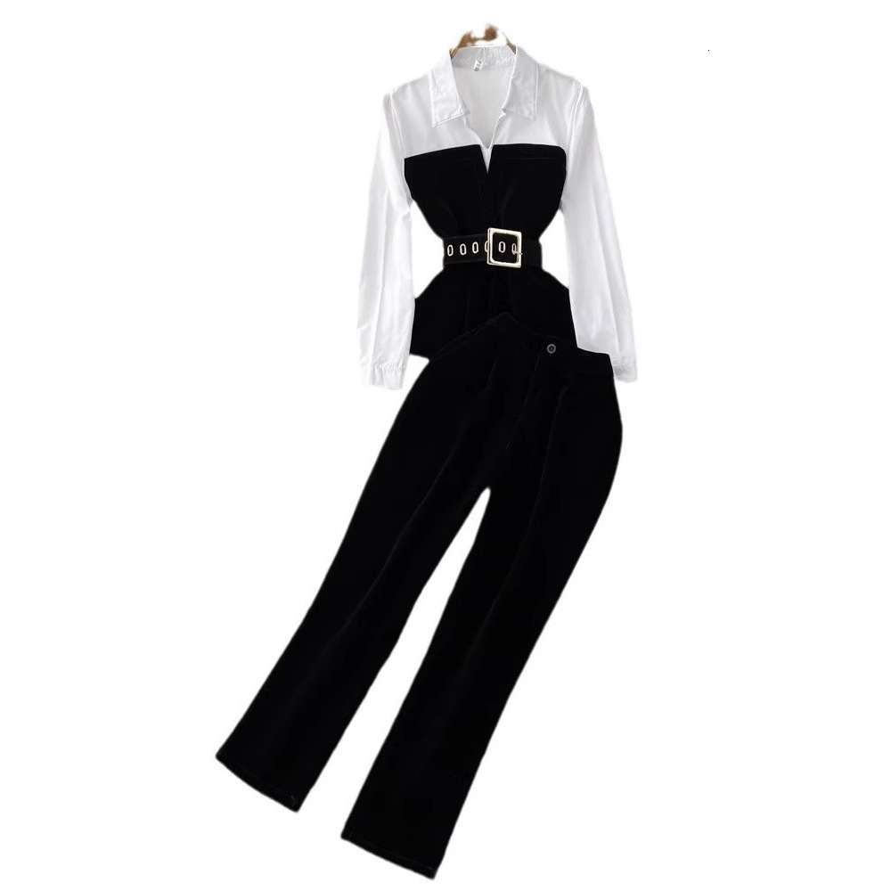 Fashion suit socialite temperament fake two-piece waist cinched long sleeved shirt two-piece high waisted gold velvet small feet 240518