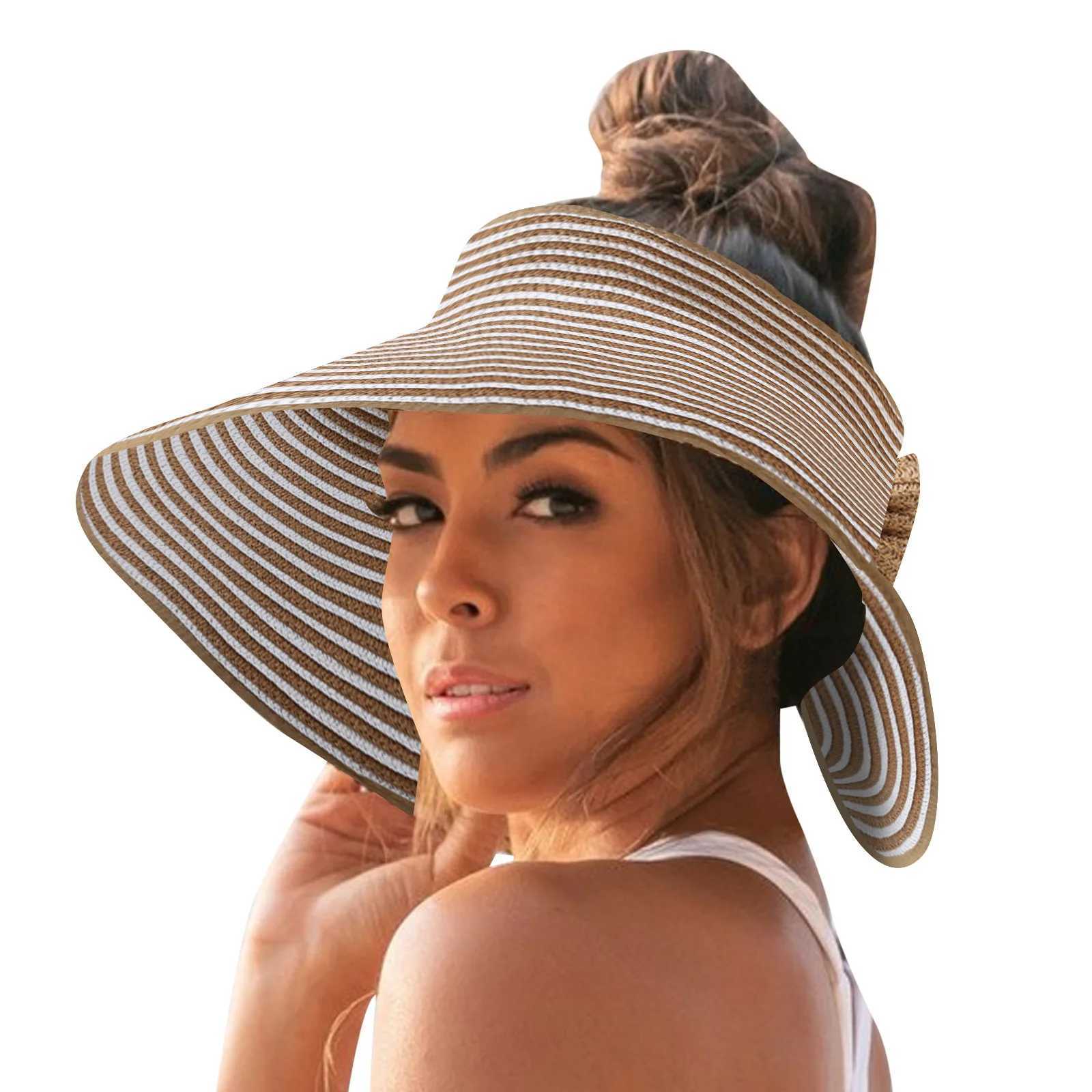 Multicolor Women Roll Up Sun Hats Outdoor Foldable Wide Brim Uv Protection Beach Straw Hat Girl Breathable Empty Top Caps Bonnet W250217