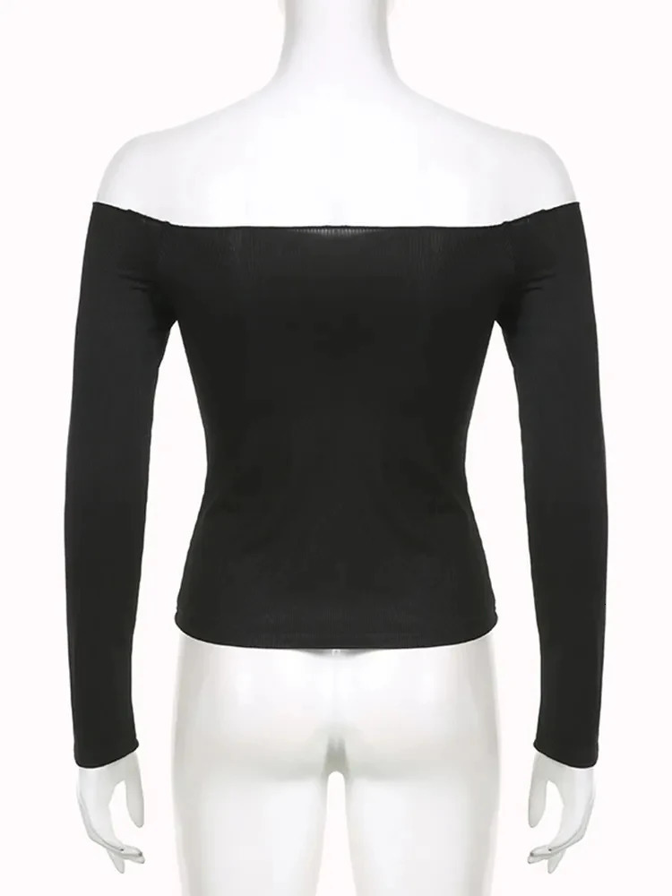 Black Solid Slash Neck Elegant Long Sleeve Tops Korean Fashion Slim Sexy Cropped T Shirt Women Fall Clothing 250217