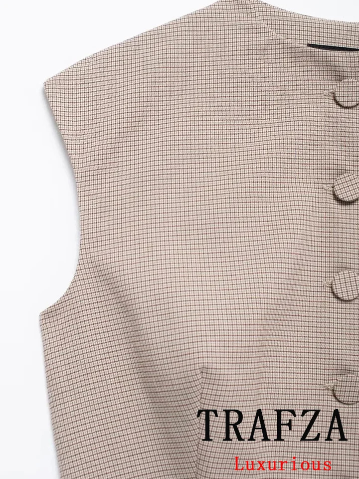 TRAFZA Vintage Casual Chic Office Lady Blazer Women Plaid O-Neck Sleeveless Single Breasted Blazer Fashion Spring Blazers 250210