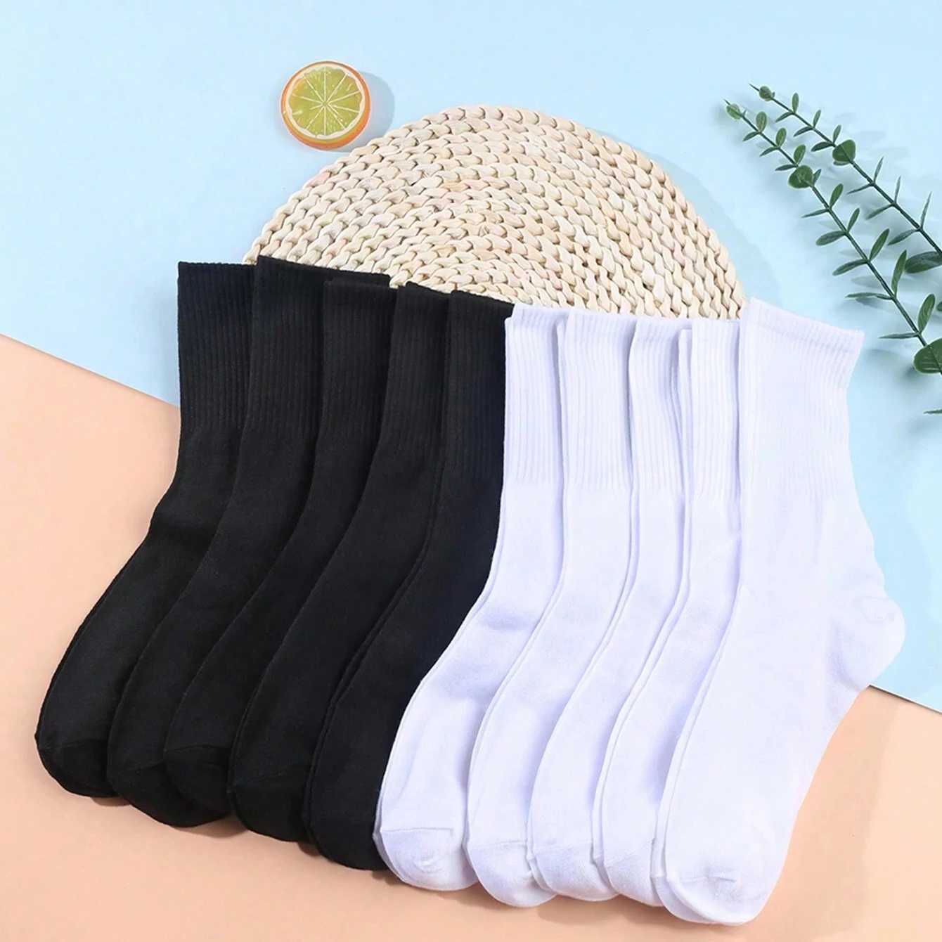 5 Pairs Mens Mid-Calf Socks White Black For Home Casual And Sports Use Suitable For Couples W250217