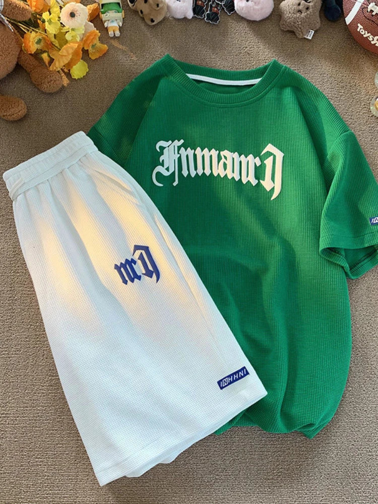 Gmiixder Hip Hop Waffle Casual Suit Men Loose Korean Short-sleeved Shirt Sports Shorts Summer Men Simple Letter Print 2pcs Set 250120