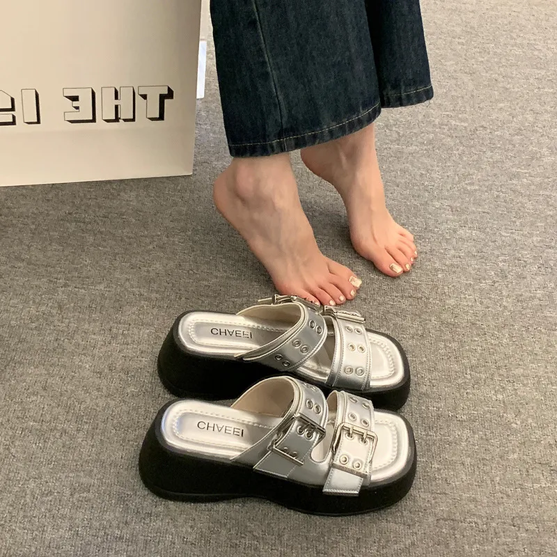 Soft High Heeled 2024 Woman Belt Double Buckle Sandal Beach Designer Slippers Platform Flat Shoes Female Summer
