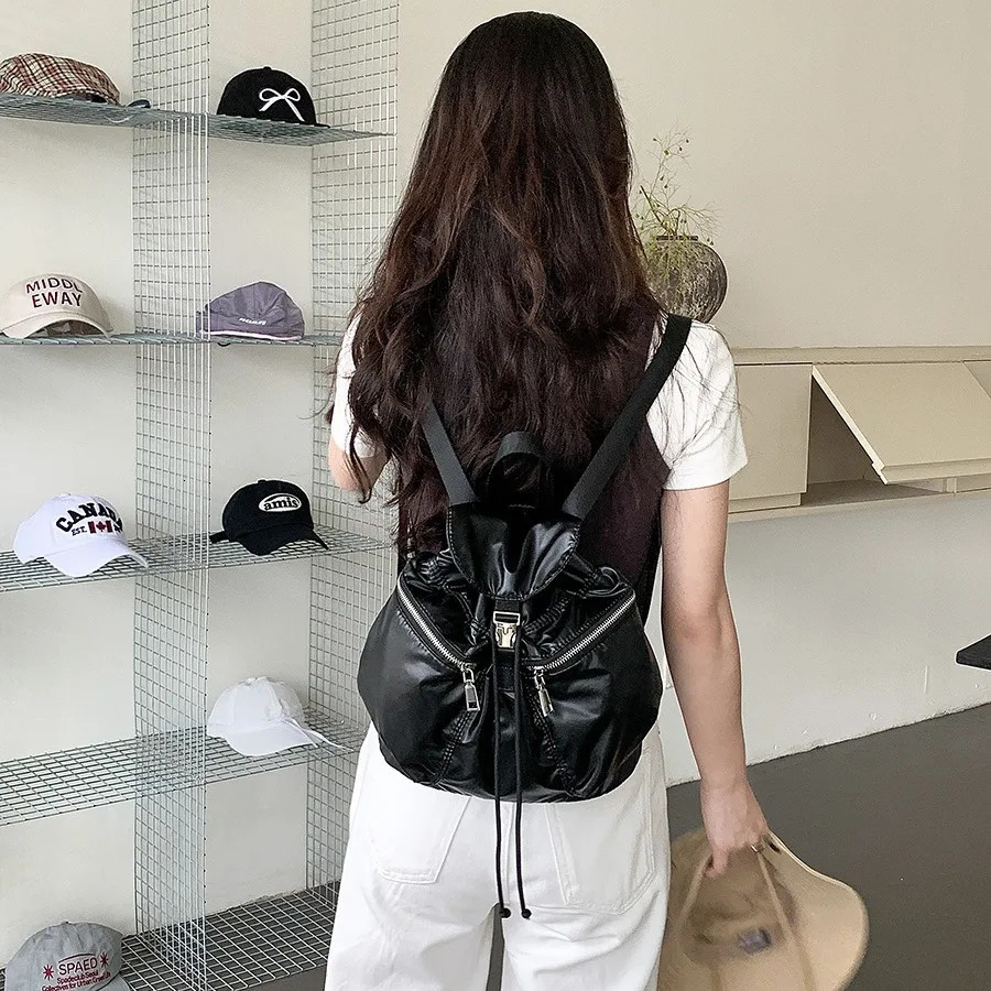 Womens Small Waterproof Nylon Backpacks 2024 Summer Y2K Korean Fashion Silver Backpack Lady Travel Drawstring Back Packs 250122