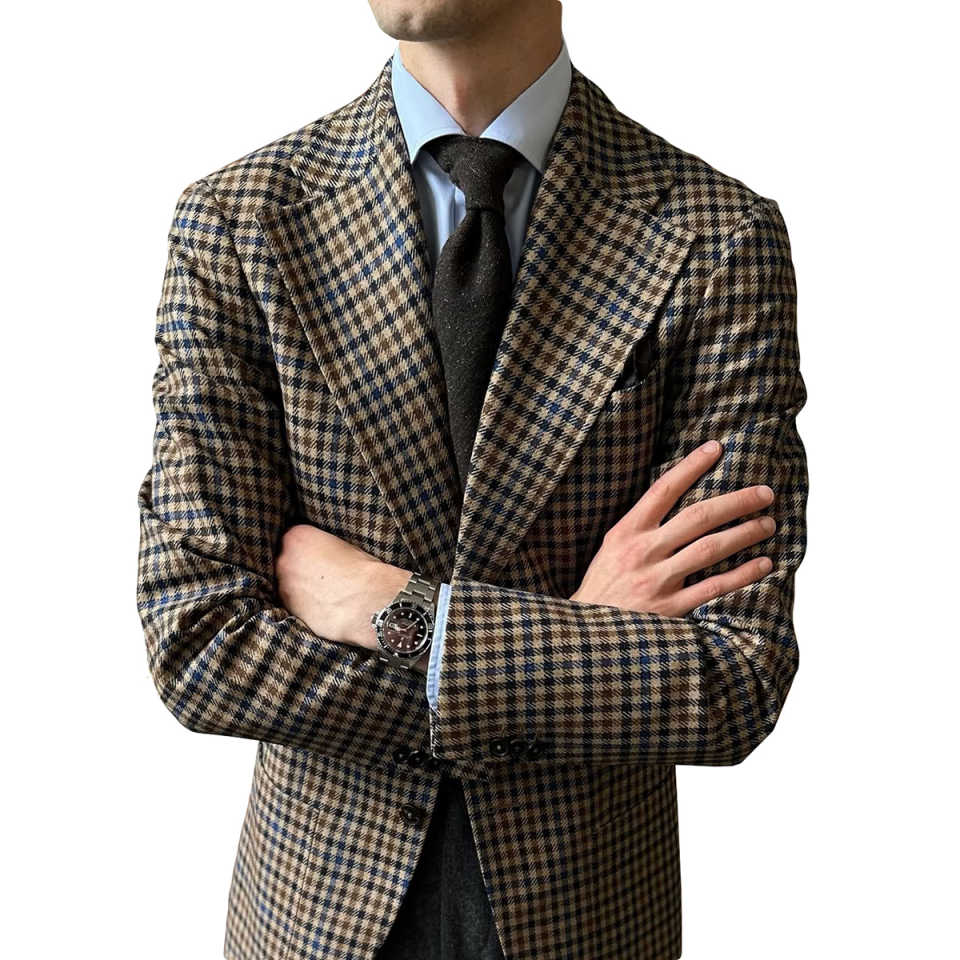 Classic Wedding Tuxedos Damier Check Two Button Men Suits Handsome Peaked Lapel Jacket Pants Groom Blazers Customized