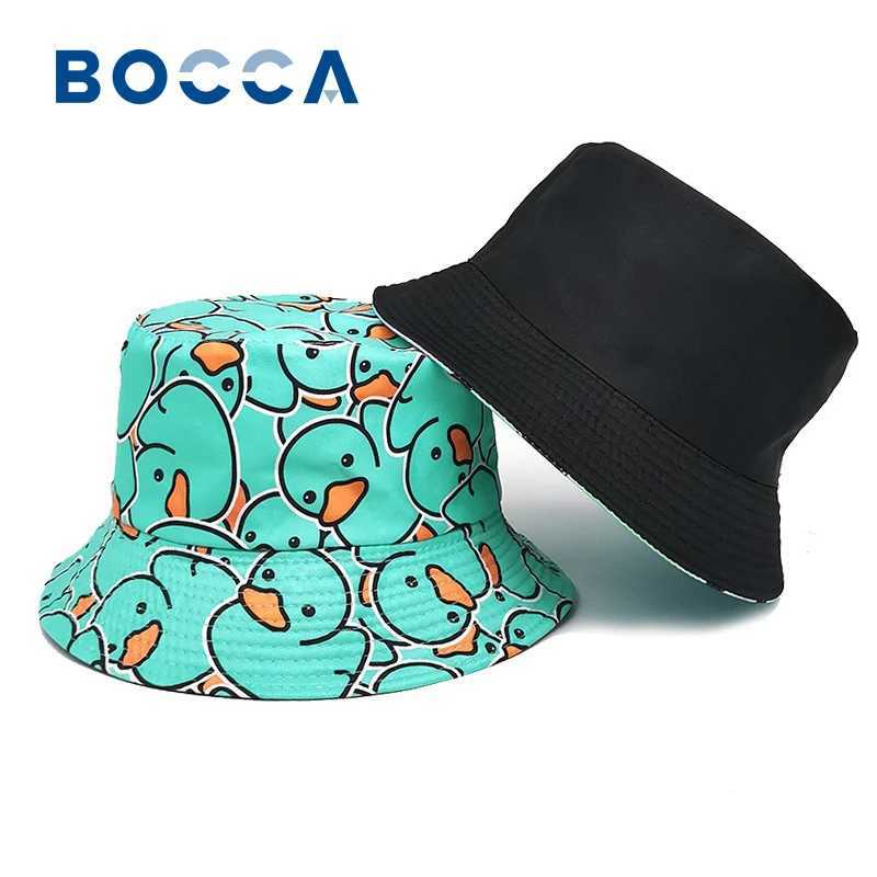 Bocca cartoon duck bucket hat cute printed fisherman hat mens and womens double-sided Panama hat 58cm summer outdoor sun hat W250217