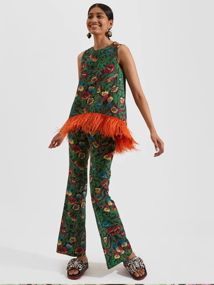 Sleeveless Printed Feather Vest Trouser Suits Women O-neck Patchwork Top High Waist Zipped Pants Summer Lady Sets 250210