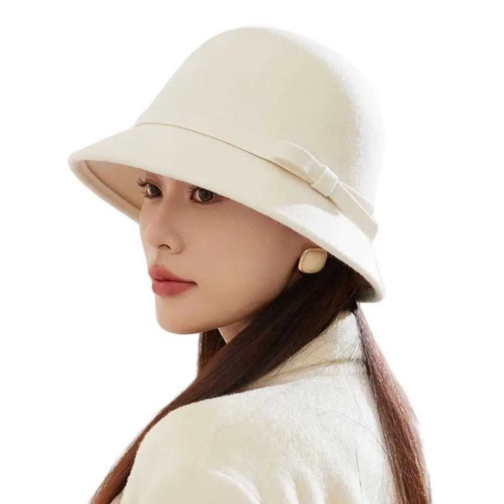 Womens Elegant Wool Felt Fedoras Hat Autumn Winter Warm Solid Color Bow Bucket Dome Cap Ladies Fashion Retro Church Top Hats W250217