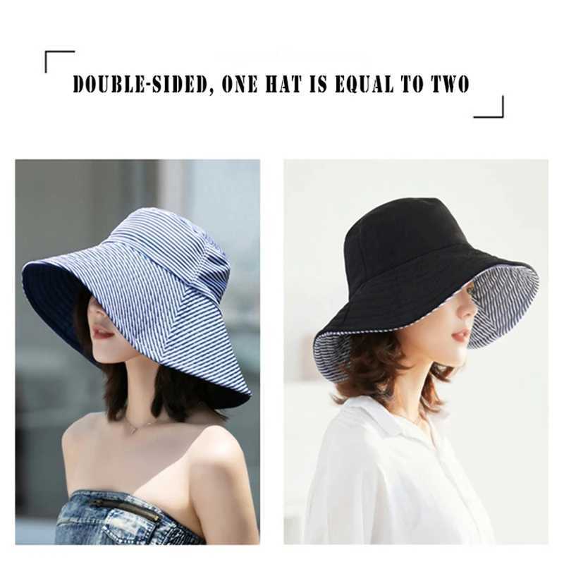 Women Striped Double-side Wear Bucket Hat Wide Brim Fordable Sun Protection Panama Caps For Girls Outdoor Beach Tour Fishmen Cap W250217