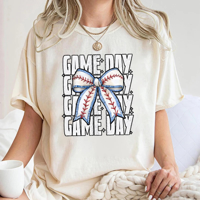 Game Day Retro Classic Shirt for Women Coquette Baseball Bow Short Sleeve Tee Football Season Sports Mom Tshirt Womens Clothing 250214