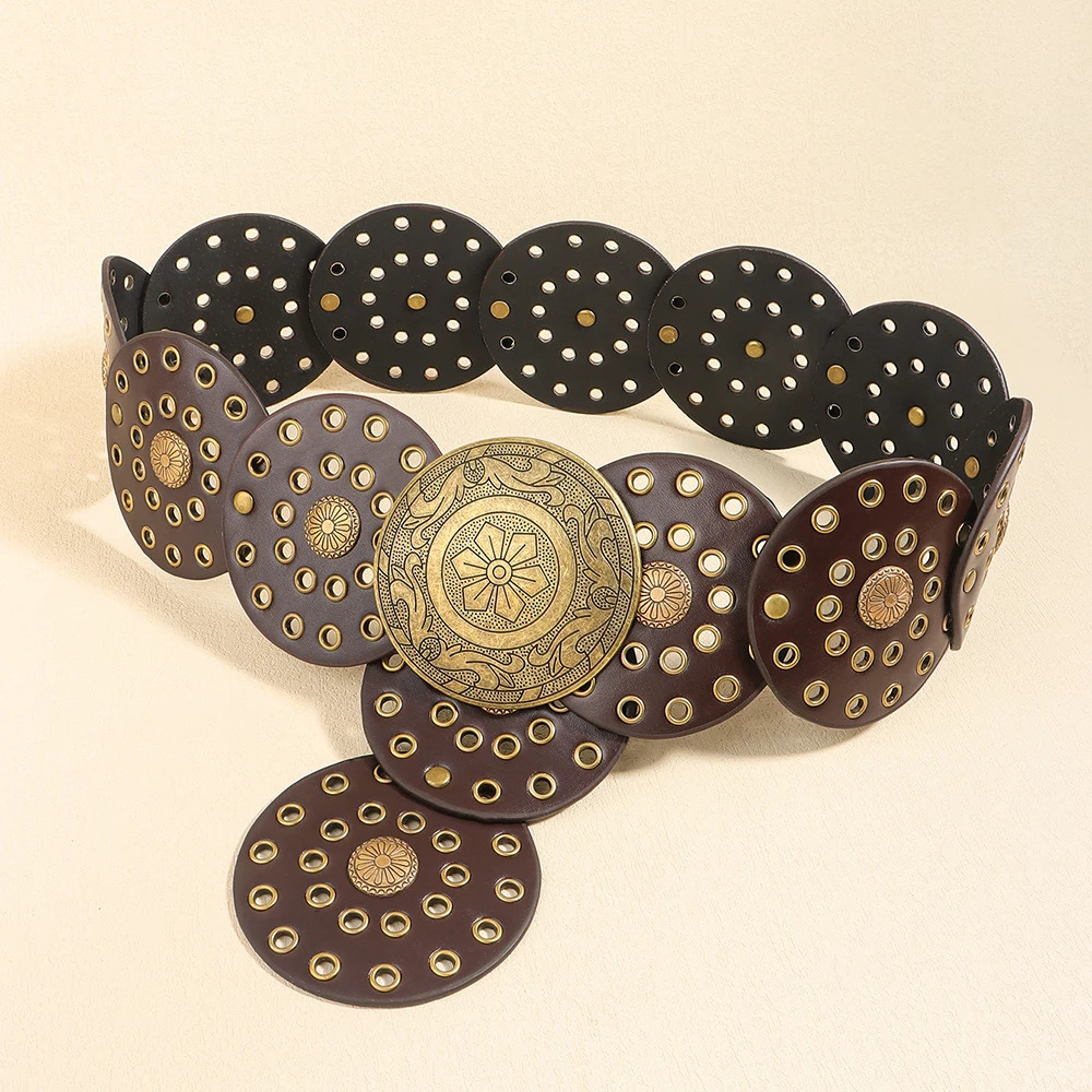 Retro Personality Belt for Men and Women Hip Hop Punk Metal Cutout Round Fashion 250213