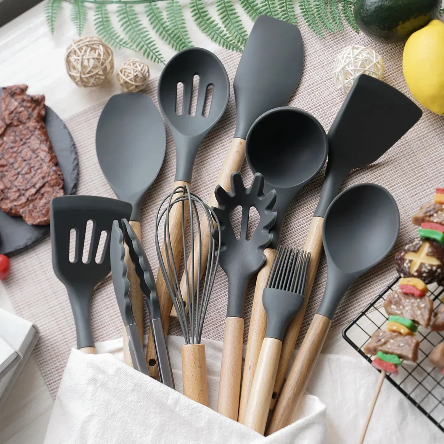 12PCS Food Grade Silicone Kitchen Cookware Utensils Turner Spatula Measuring Spoon Practical Cooking Tool Kitchenware Set 250214