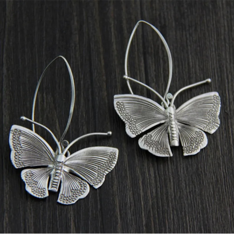 Vintage Silver Color Butterfly Earrings Ancient Metal Hand Carved Big Dangle for Women Jewelry 250213