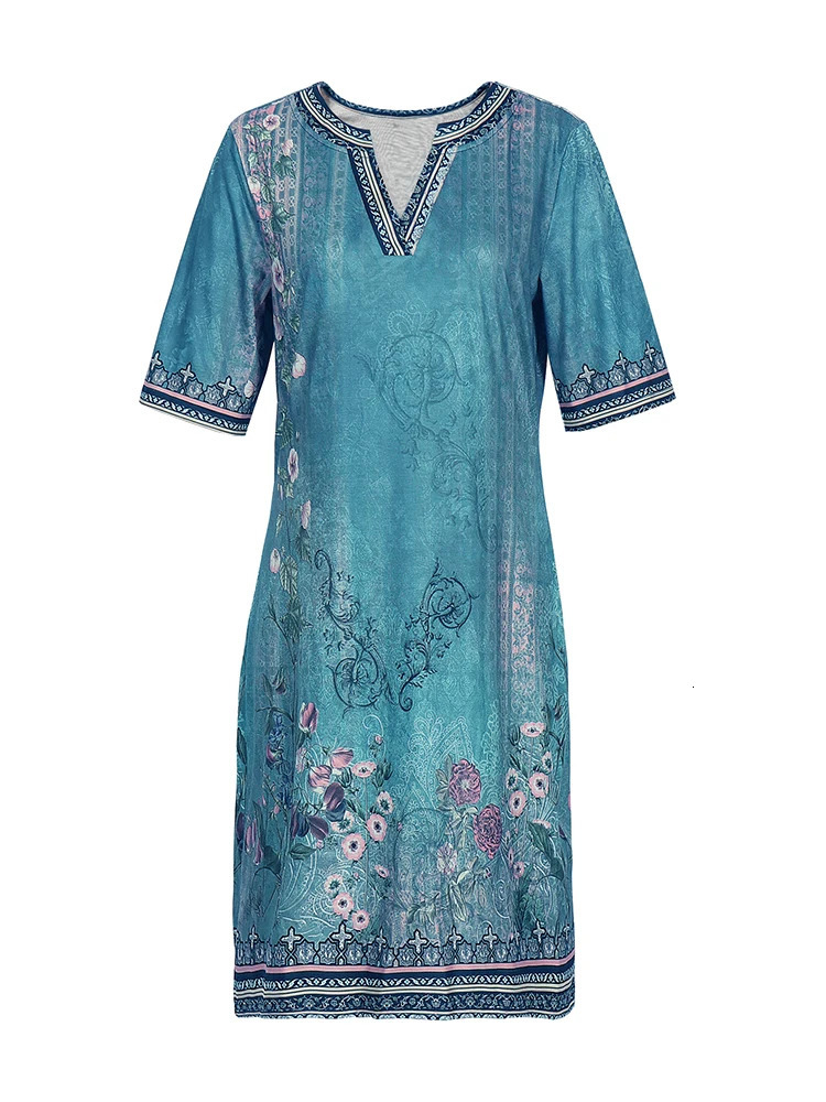 Plus Size Casual Womens Summer Medium Skirt 5XL 2023 Fashion Large V Neck Print Short Sleeved ALine Loose Dress 250214