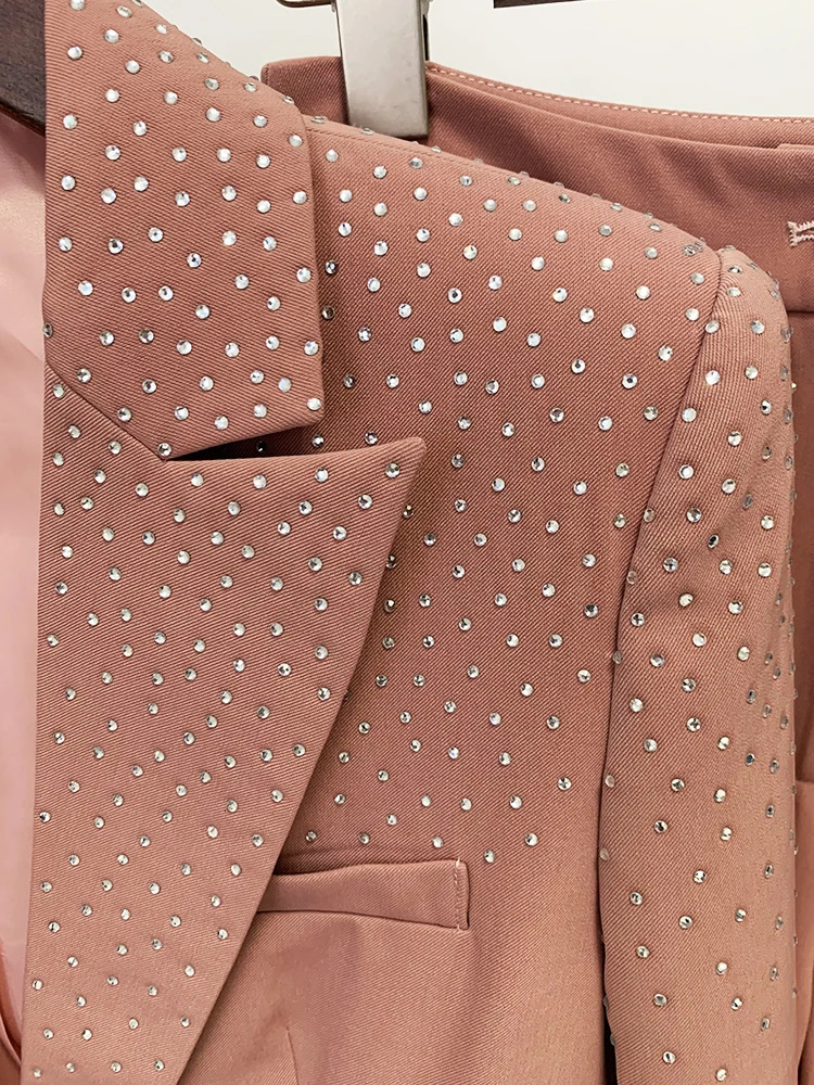 HIGH STREET est S/S Career Fashion Suit Set Womens Elegant Single Button Diamonds Beaded Blazer Pants Suit 250210