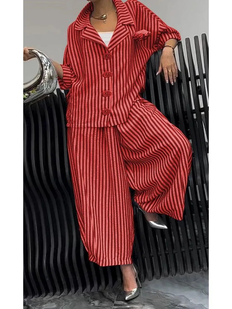 Women Fashion Lapel Wide Leg Pants Loose Sets Spring Autumn Stripe Print 2PCS Casual Suits Office Simple Outfites 250210