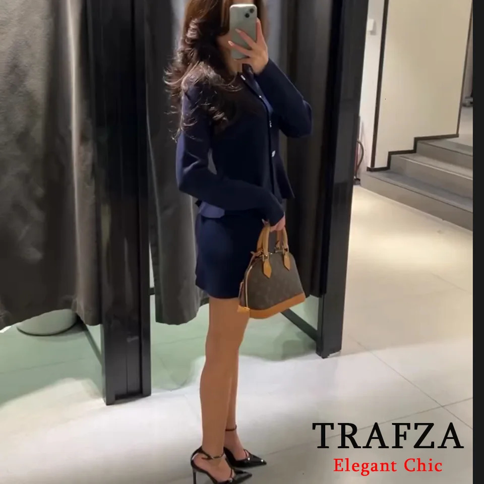 TRAFZAWomen Elegant Navy Blue Skirt Set SweaterSkirt Spring Fall Fashion Elegent Office Lady Minimalism 250214