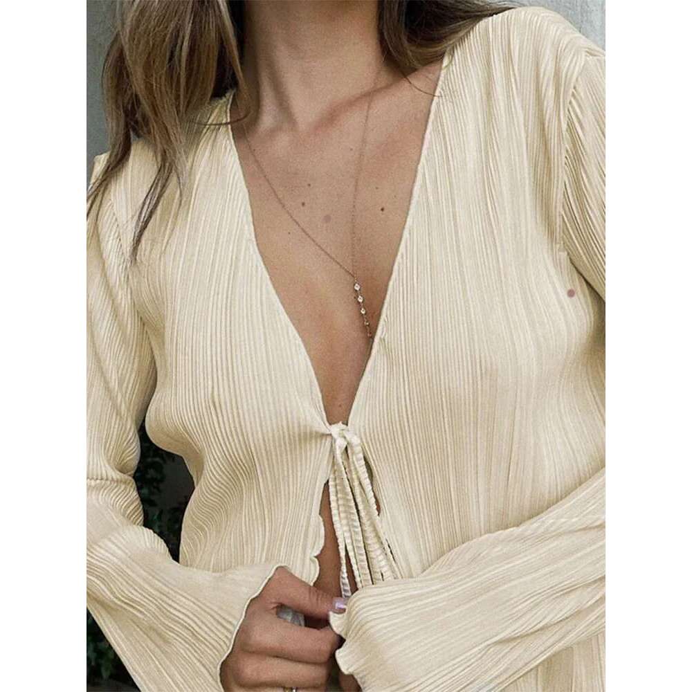 Women Pleated Plain Shirts Spring Fall Chic Long Flare Sleeve V- Neck Tie Up Cardigans Tops For Casual Party Street