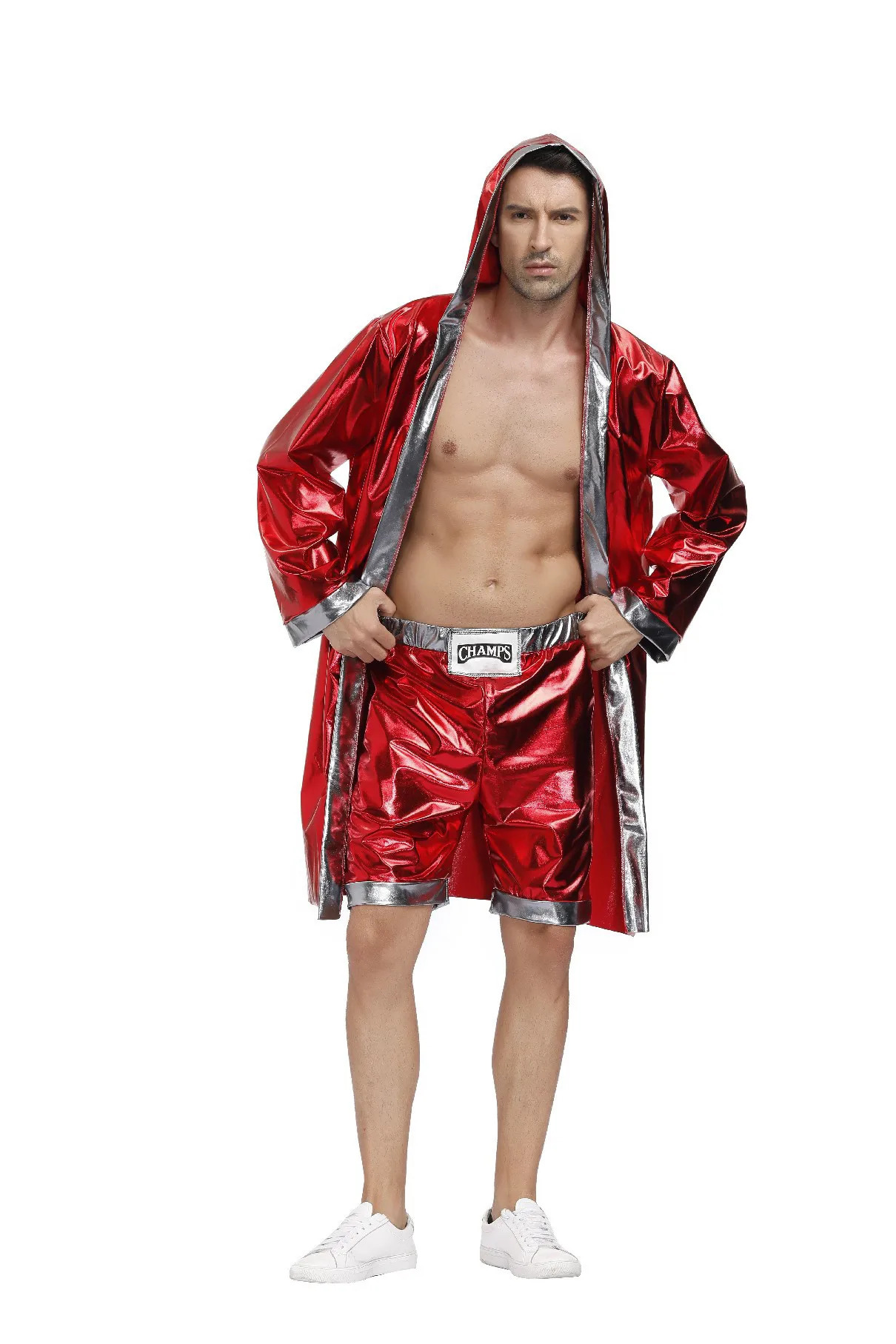 Mens Red Boxer Costume Hooded Cloak Robe Crop with Shorts Movie Boxing Robe Clothes Halloween Cosplay Uniform for Male 250217