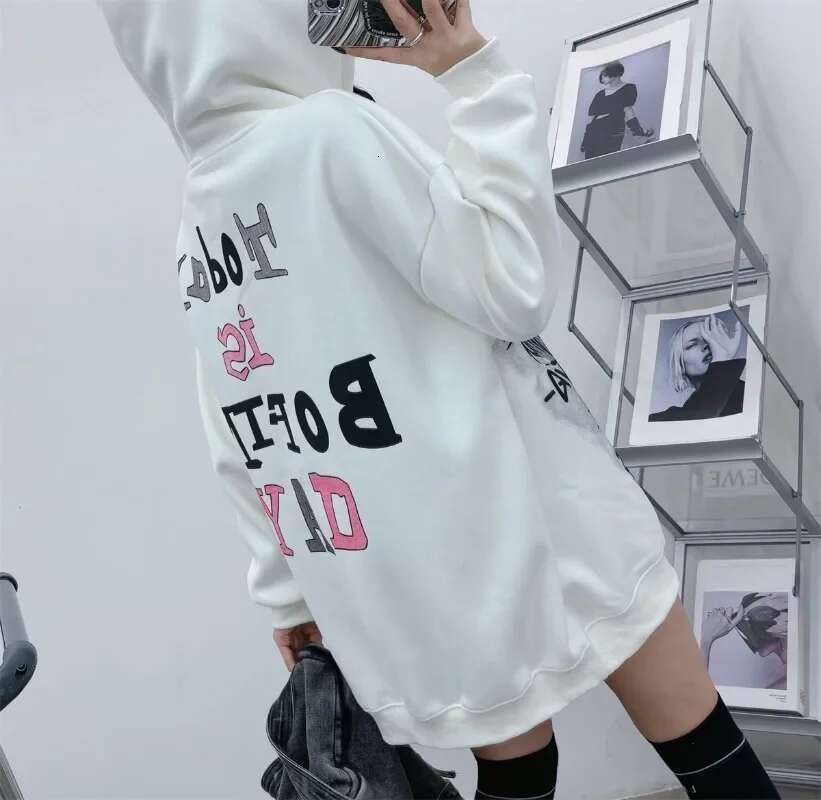Winter 2024 New European Korean Style Top Medium And Long Hooded Sweatshirt Women's Sweet Cute Fleece Loose Casual Skinny Hoodie