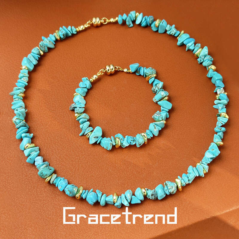 Turquoise stone bracelet necklace with niche design, high-end feel, heavy industry turquoise set