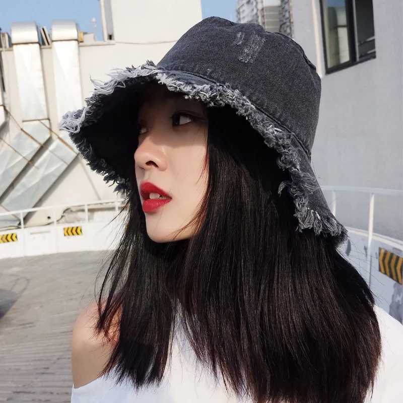 New Summer Unisex Tassel Washed Denim Bucket Hats Fashion for Women Wide Brim Foldable Panama Cap Outdoor Beach Fishermans Hat W250217