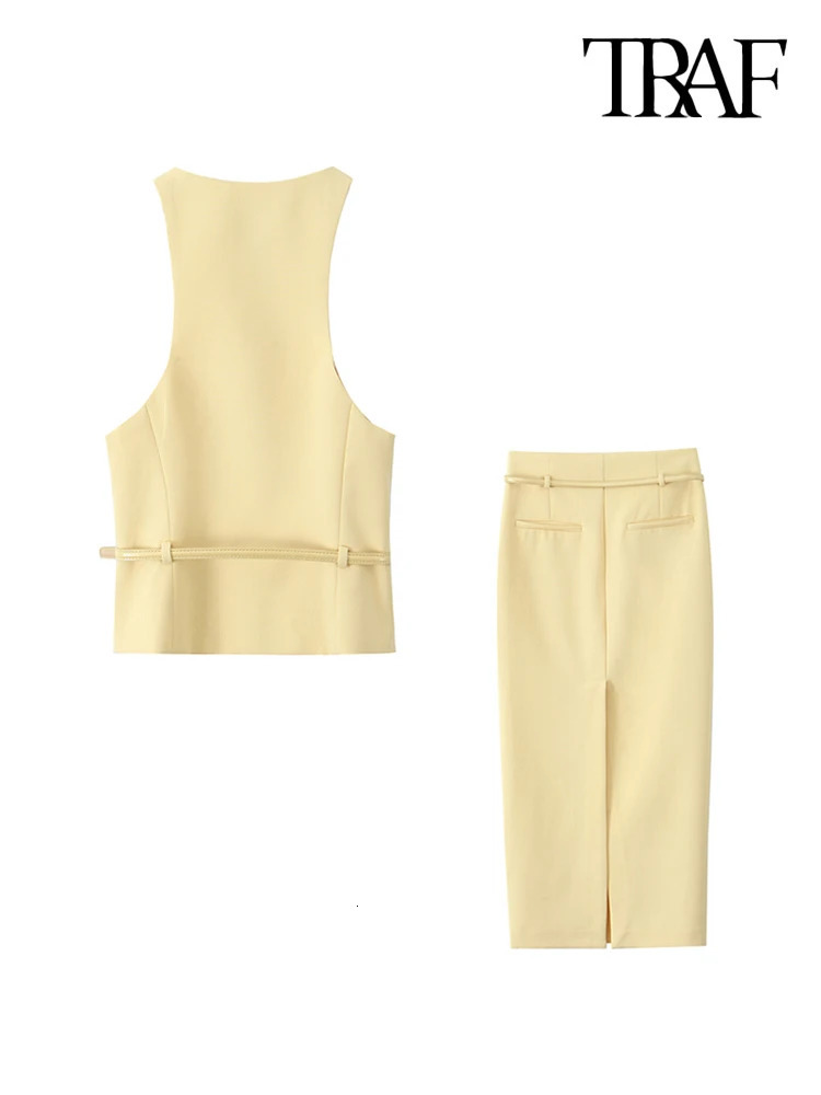 TRAF Women Fashion With Belt Front Button Tank Tops And High Waist Side Zipper Midi Skirts Female Two Piece Sets Mujer 250214