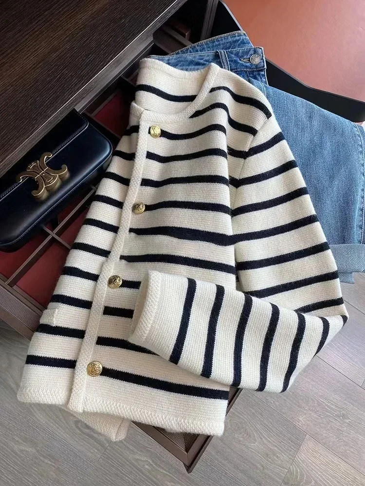 Women Singlebreasted Cardigan Sweater Knit Striped Patchwork Sweet Coat Office Fashion 250211