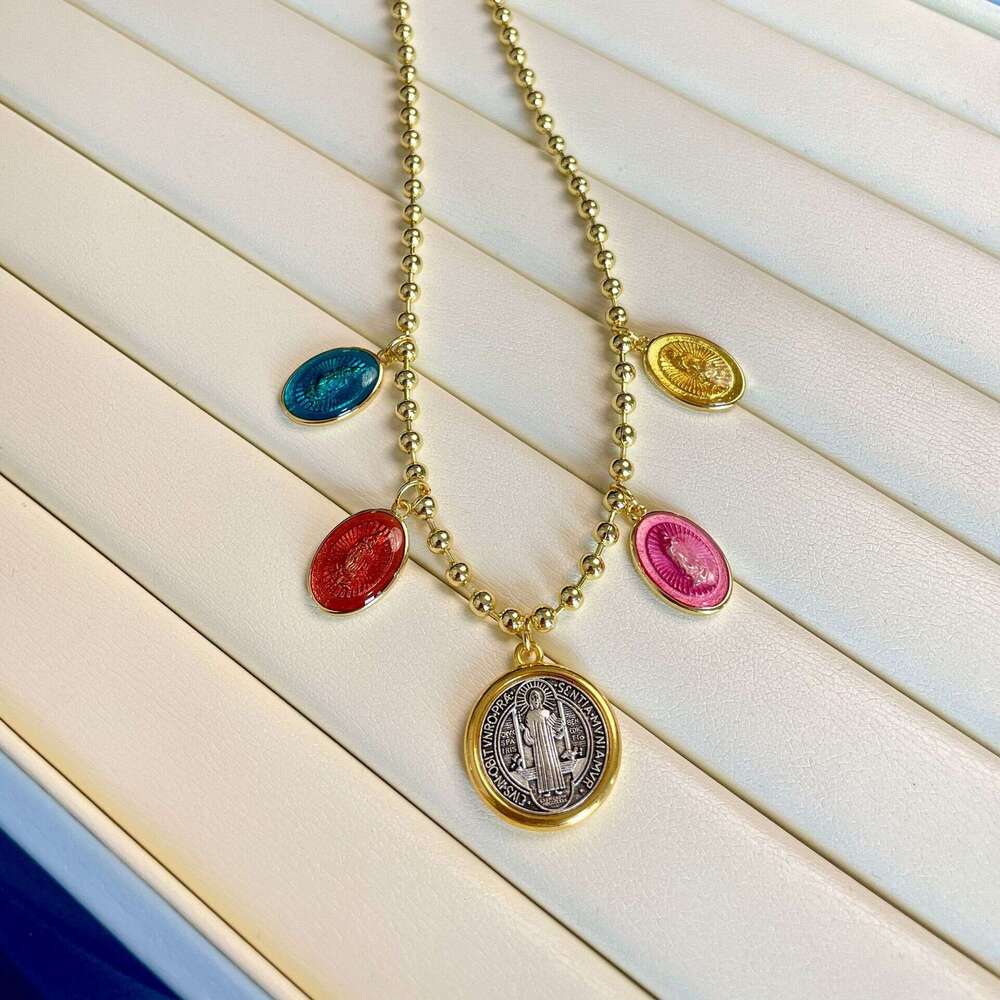 Round Madonna pendant, bead chain, copper gold-plated necklace, religious accessory for women