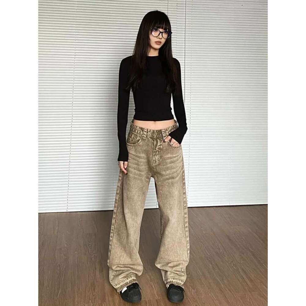 Brown 2024 Women Jeans High Waist Fashion American Vintage Streetwear Y2k Wide Leg Jean Female Trouser Baggy Denim Pants