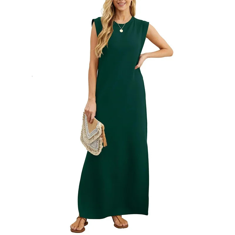 Casual Maxi Dress For Women Summer Loose Sleeveless Long Dresses Elegant Lady O Neck Solid Color Boho Beach Sundress Vestidos 250214