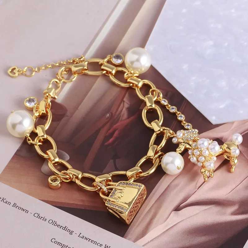 Charm Bracelets KS European and American New Enamel Cute Fashion Classic Exquisite Three-dimensional Handbag Dog Pearl Multi-pendant Bracelet J250217 