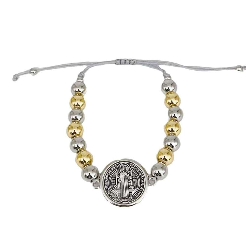 New Saint Benedict Copper Gold Sier Mixed Color Bracelet Adjustable Rope Bead Weaving Hand String Women's Jewelry