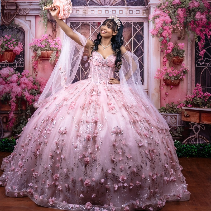 Pink Shiny Quinceanera Dresses Ball Gown Spaghetti Strap Sequin Applique Flower Beading Crystal Tull Party Birthday Sweet 16 Dress Vestidos 15 de anos