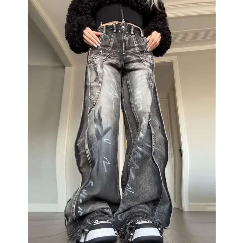 Black Gray Womens Jeans High Waist Vintage Straight Baggy Pants Streetwear American Style Fashion Wide Leg Denim Trouser
