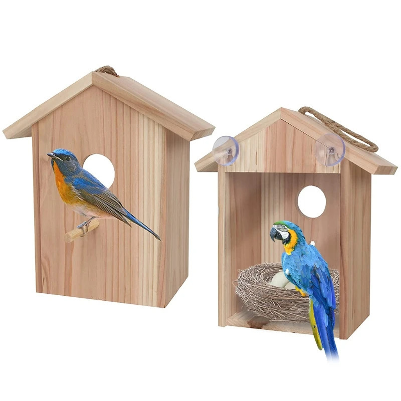 Blue Birds House Wood Window Birdhouse Weatherproof Bird Nest ed with Perch Transparent Rear for Easy Watch 250206