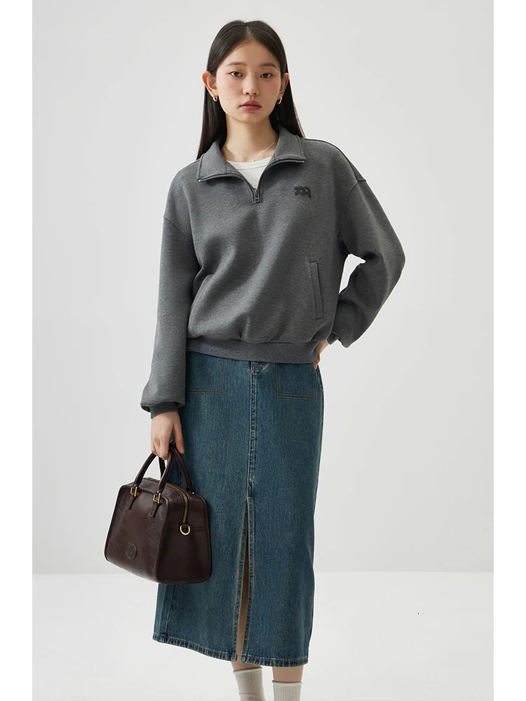 ZIQIAO Petite Cotton Casual Chic Hoodie For Women Spring Semi Zippered Pullover Gray Top 24ZQ91132 250213