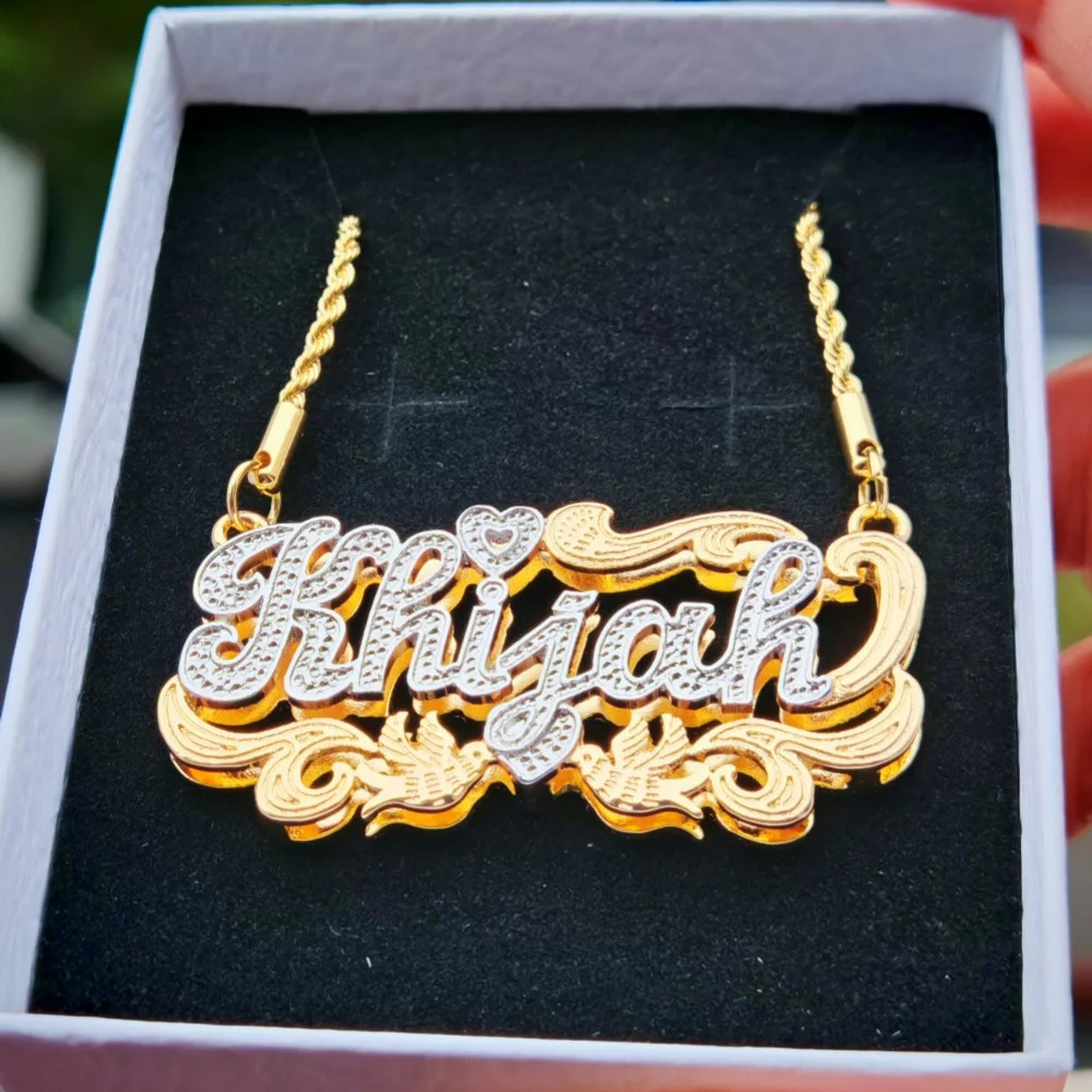 LeeChee Custom Name Double Layer Necklace 18K Gold Two Tone Heart Bird Personalized Jewelry For Adult 250214