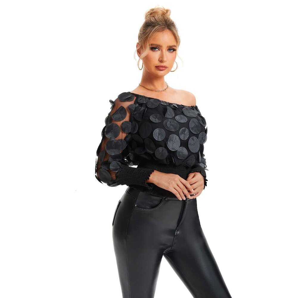 Applique Slant Shoulder Blouse, Elegant Long Sleeve Blouse For Spring & Fall Women's Clothing