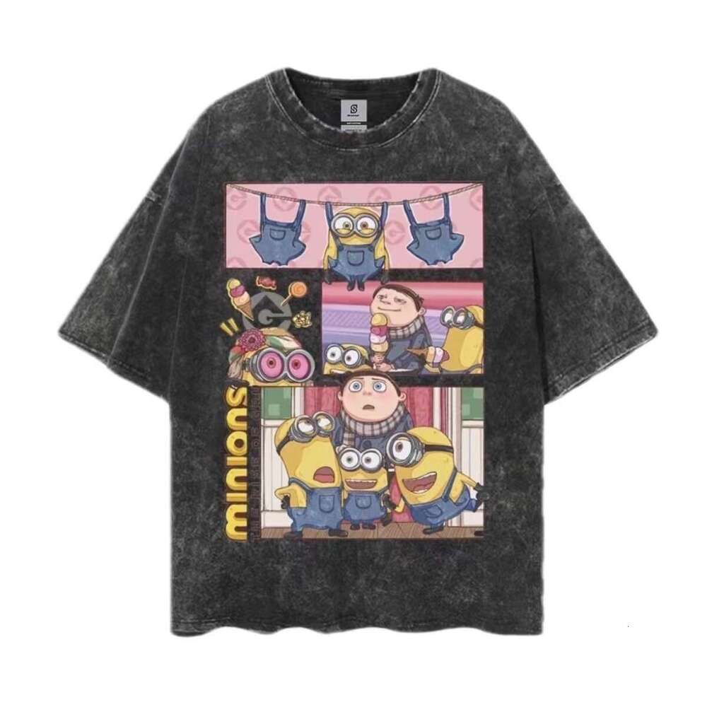Cartoon anime high street washed vintage printed base shirt for couples hip-hop casual loose short sleeved T-shirt