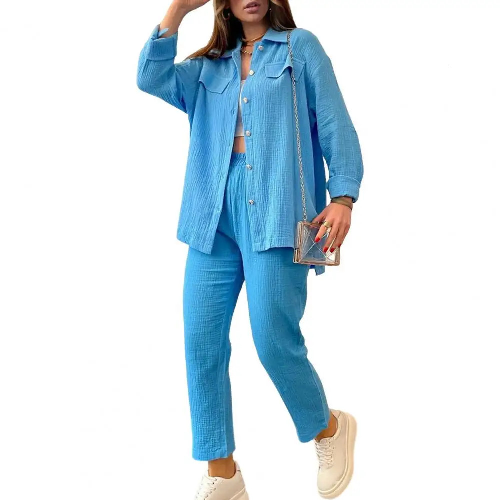 Casual Two-piece Set Women Loose Fit Outfit Womens Casual Shirt Pants Set with Lapel Collar Single-breasted Blouse for Daily 250210