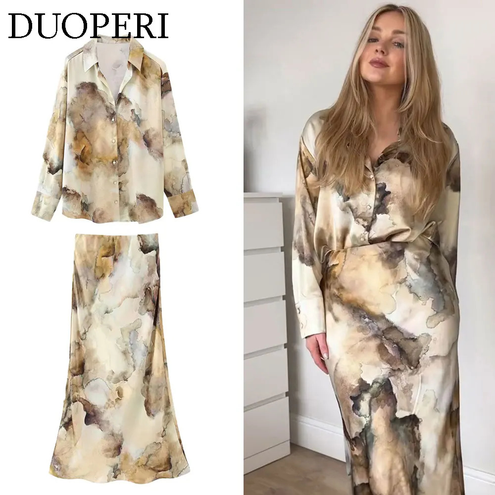 DUOPERI Women Fashion Tie Dye Printed Satin Blouse Midi Skirt Sets Chic Lady Casual and Coordinates 250214