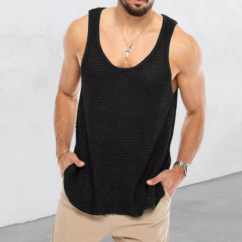 Mens tank top loose knit sports vest summer mens fashion stripe knit sleeveless Male T-shirt breathable mesh Sports Top 250214