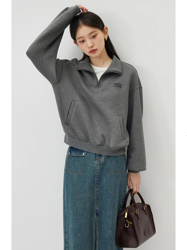 ZIQIAO Petite Cotton Casual Chic Hoodie For Women Spring Semi Zippered Pullover Gray Top 24ZQ91132 250213